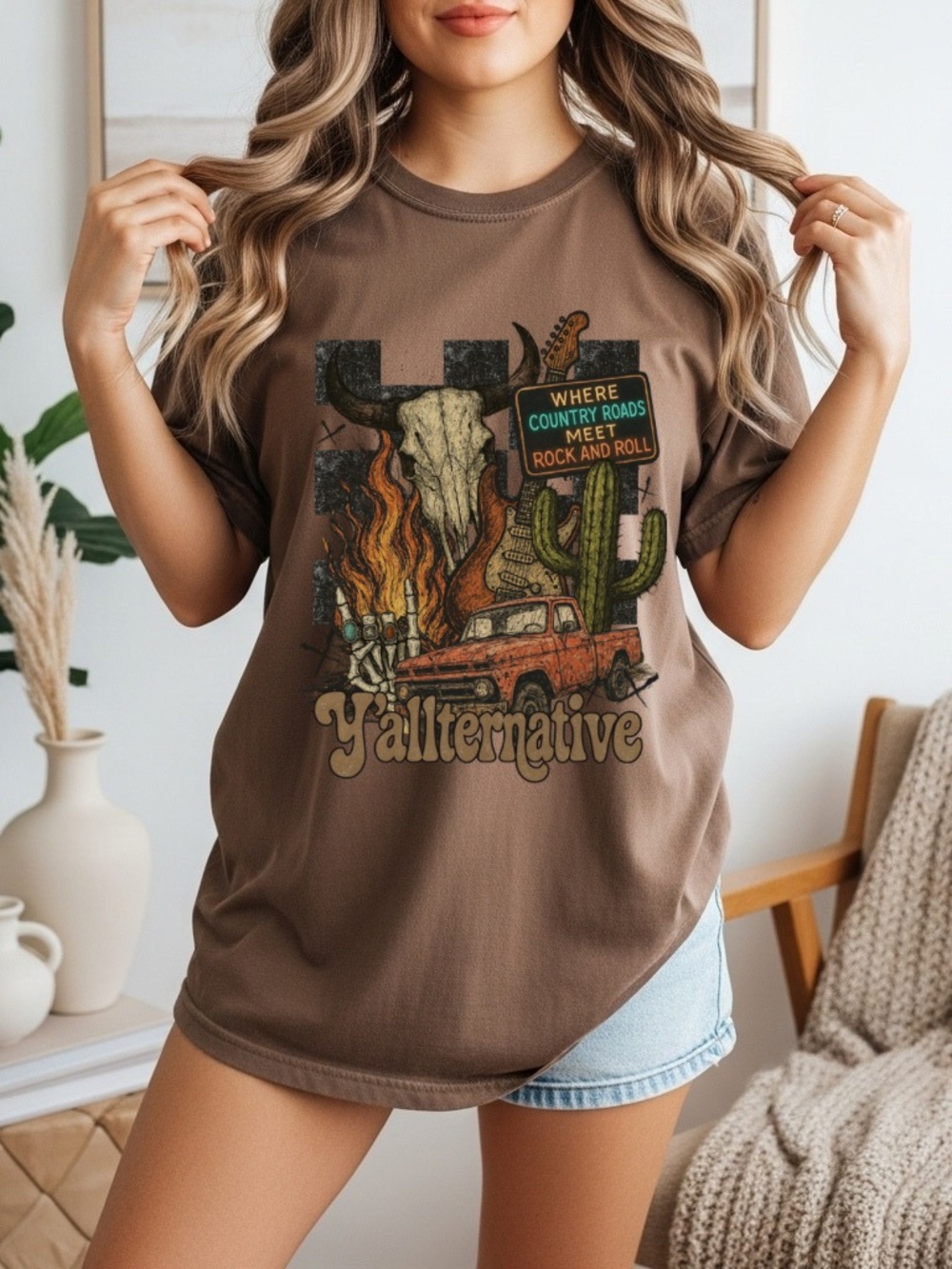 Y'allternative Brown Graphic Tee - Country Roads Rock & Roll
